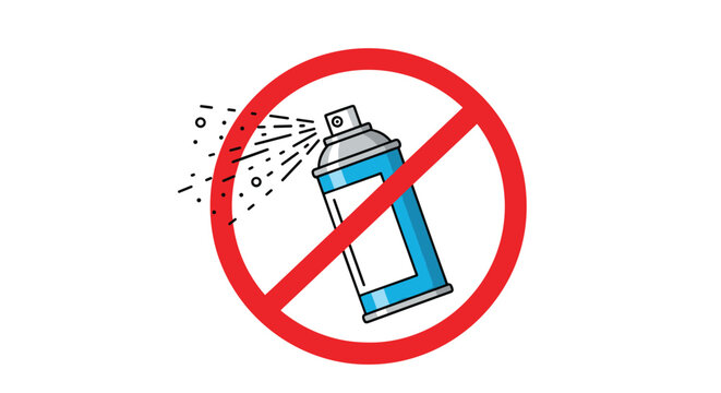 Red prohibition symbol over a blue spray paint can illustrating a ban on graffiti or the use of aerosol spray products.