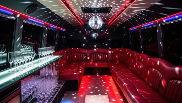 Elegant limousine interior designed for celebrations and luxurious transportation, adorned with a