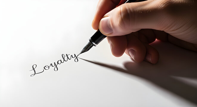 A hand writing the word loyalty on a piece of paper with a pen. The handwriting elegantly forms the word loyalty