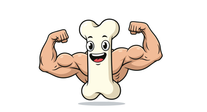 Fun cartoon character of a white bone with strong muscular human arms flexing its biceps to represent strength and health.