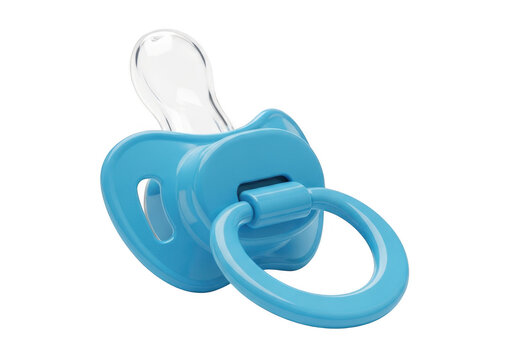 A blue pacifier with a clear nipple and ring handle