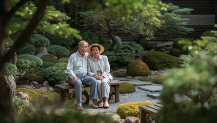 Fototapeta premium 木漏れ日の庭で穏やかな時間を過ごす日本人の高齢夫婦