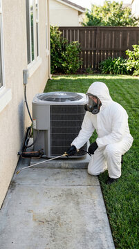 Exterminator in protective suit spraying chemical around residential air conditioner. Pest control professional performing disinfection and deratization of home exterior area for safety.