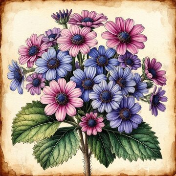 Vintage botanical illustration of Cineraria hybrida Pericallis flower