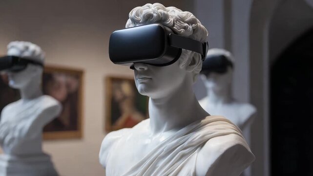 A group of sculptures in an art museum showcase virtual reality technology while visitors engage with the exhibits