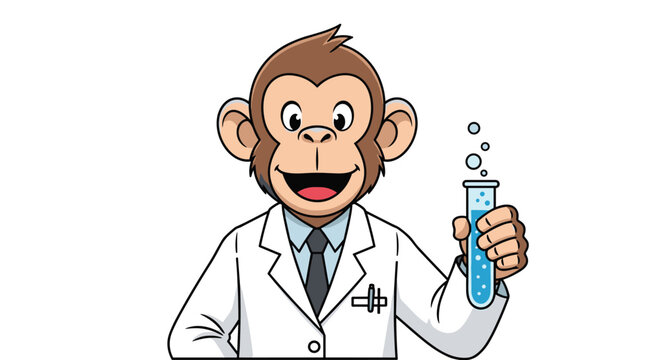 Smart monkey character dressed in a white scientist lab coat holding a test tube with blue liquid and bubbles.