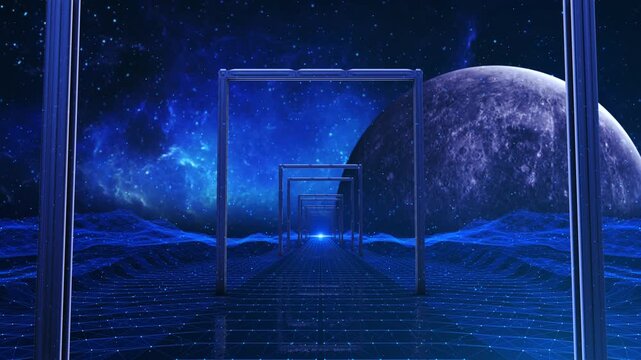 Sci Fi Portal Frames Landscape Planet Futuristic geometric portals perspective digital terrain moon backdrop. sci fi scenes, gaming environments, virtual reality visuals, technology intros fantasy 3D