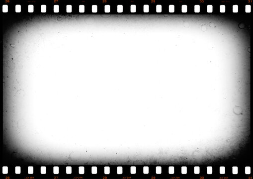 35mm photo film strip and vignette with dust, splatters and sprocket holes, A4 aspect ratio page template with transparent background (PNG image)