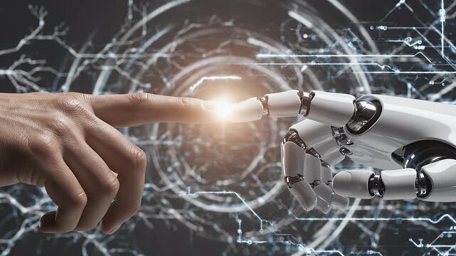 A striking visual depicts a human hand reaching out to touch a robotic hand, symbolizing the intersection of humanity and artificial intelligence against a backdrop of digital circuitry.