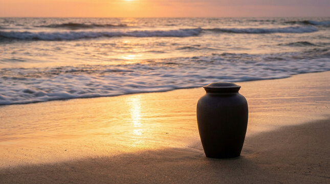 Urna funer&aacute;ria na areia da praia ao p&ocirc;r do sol. Conceito de despedida, luto e mem&oacute;ria