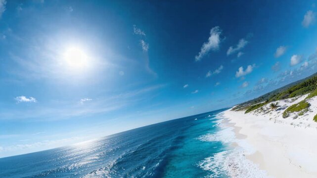 Panning drone starting over surf, banking along white sand shore, showing blue sea, breaking waves
