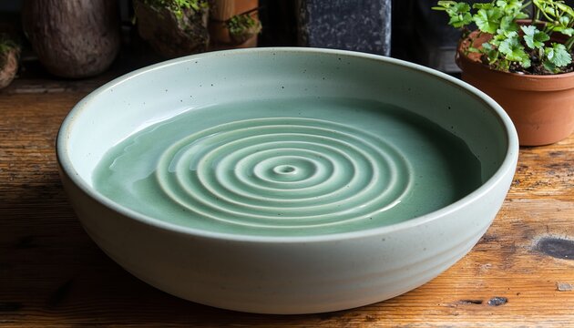 Elegant Ceramic Bowl Capturing Rainwater with Ripple Effects in Serene Green, Nature s Tranquility