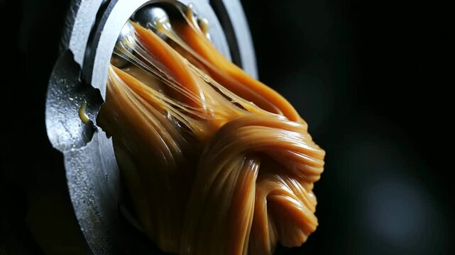 Lubricant oozes from metal industrial machinery parts closeup or Viscous brown grease clogs machinery mechanism in dark industrial setting
