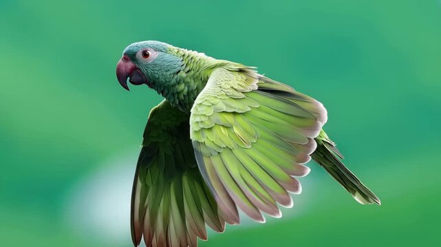 Vibrant parrot flies with wings spread against a green screen background in an animation scene