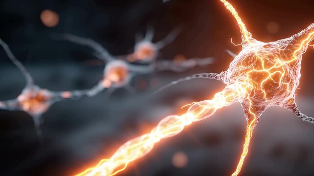 Rendering of neuron cells showing electric signals and connections inside a neural network