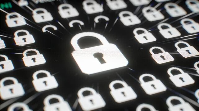 Focus-shifting pulsing white padlock center glowing on dark screen showing locks and radial streaks