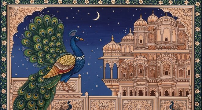 Majestic Peacock and Indian Palace Under a Crescent Moon.