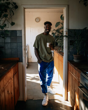Smiling Young Man Leaning Against Wooden Cabinet in Sunlit Modern Apartment Wearing Casual Green T-Shirt and Navy Trousers