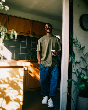 Smiling Young Man Leaning Against Wooden Cabinet in Sunlit Modern Apartment Wearing Casual Green T-Shirt and Navy Trousers