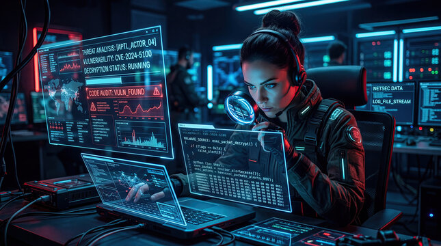 Male hand holding magnifying glass software code concept. Focused woman analyzes data on futuristic computer screens.