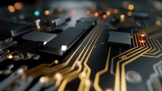 Futuristic circuit board shows glowing lines and patterns from a high view angle in a technology scene
