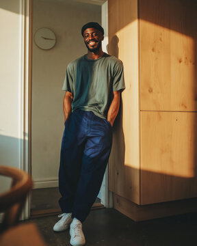 Smiling Young Man Leaning Against Wooden Cabinet in Sunlit Modern Apartment Wearing Casual Green T-Shirt and Navy Trousers