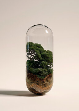 Conceptual Bonsai Tree Growing Inside Transparent Glass Pill Capsule on Beige Background