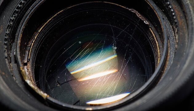 Scratched and dusty camera lens surface close up with rainbow light refraction and prism effect