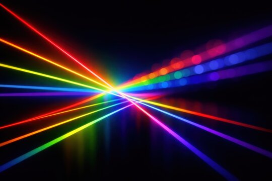 Dynamic Intersecting Rainbow Laser Beams Over Dark Reflective Floor with Soft Bokeh Background