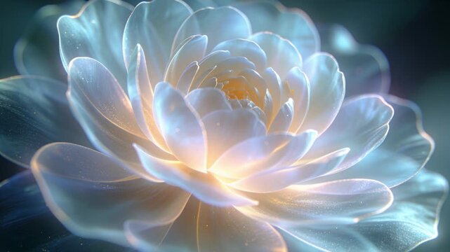 Warm core pulsing, translucent bloom unfurling petals in macro revealing layers, rimlit sparkles