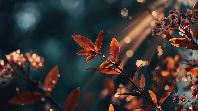 Warm light shines through leaves and flowers on a sunny day in a garden