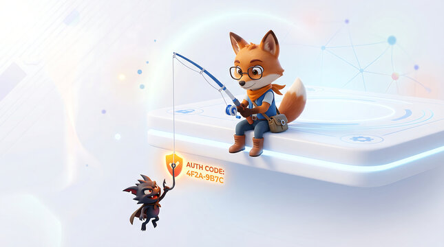 Cute fox fisherman sitting on a futuristic tablet with a shield icon