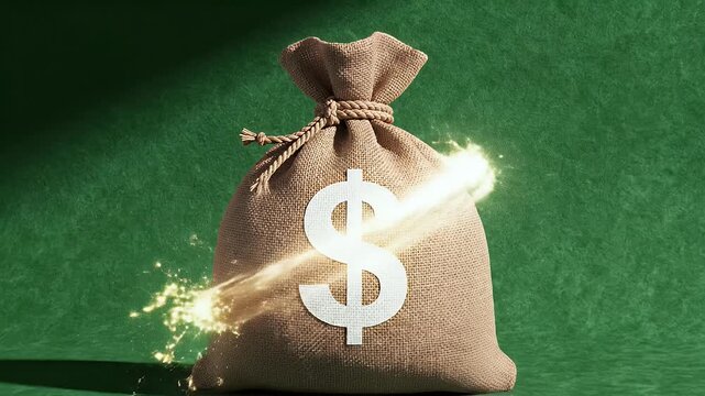 A burlap sack emblazoned with a dollar sign is depicted in motion against a vibrant green background, symbolizing financial transactions and rapid movement of funds.