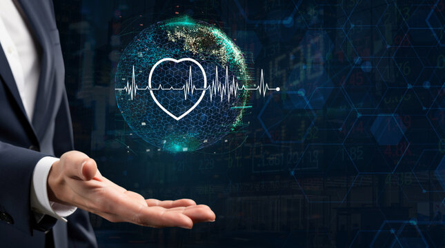 HealthTech investment and digital medical care, businessman holding glowing heart with ECG pulse over digital globe and tech background