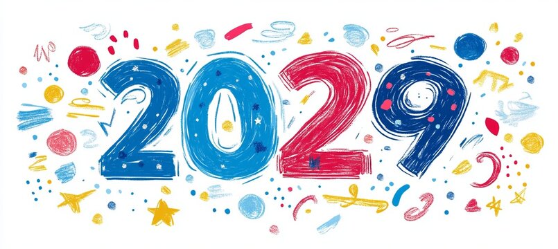 Cheerful and Colorful New Year 2029 Doodle Design with Festive Elements and Handcrafted Style