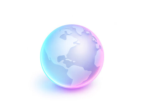 Glossy 3D semi‑transparent globe with a soft blue‑purple‑pink gradient and a matte‑glass effect, floating on a clean white background and symbolizing global connection and modern digital aesthetics.