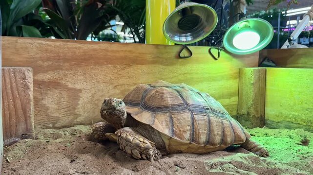 A turtle is resting on sand in its enclosure during the day. The area has heat lamps above providing warmth. Plants surround the space, adding a natural touch.