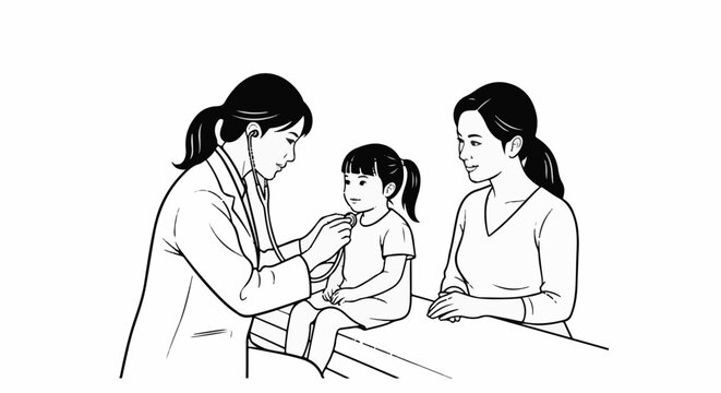 A doctor examines a young girl with a stethoscope while her mother watches