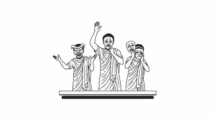 Obraz premium Ancient Greek actors with tragic and comic masks stand on a stage