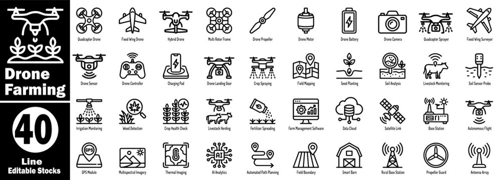 Drone farming icons representing aerial surveillance and crop management.