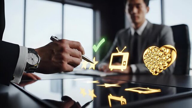 A businessman reviews a television program's rating with a pen on a reflective surface, suggesting a media evaluation process.