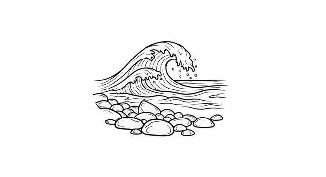 Stylized line art depicts a breaking ocean wave cresting over smaller waves near a rocky shore