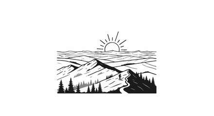 Fototapeta premium A lone hiker traverses a winding path through majestic mountains under a radiant sun