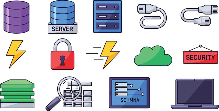 Data Security and Server Management Icon Set with Database, Server, Cloud, Lock, Security, Cable, Laptop, and Schema Symbols