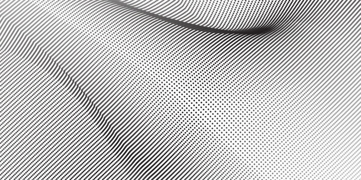 Flowing dots particles wave pattern 3D curve halftone black gradient curve shape isolated on white background.