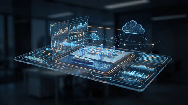 Optimizing supply chain management operational efficiency concept. Futuristic data visualization with cloud computing interface.