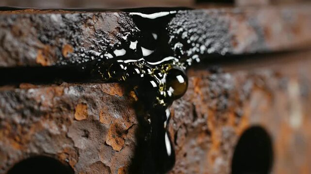 Crude oil drips down rusted metal surface showing scarcity or Oil flows from rusty equipment highlighting industrial decay and leakage