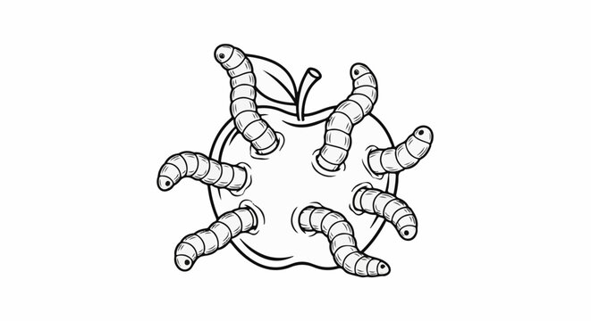 Numerous segmented worms burrow into a stylized apple, creating holes