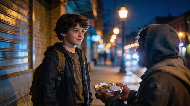 Spotting hooded man, teen boy with backpack offering foil food container on city sidewalk to help