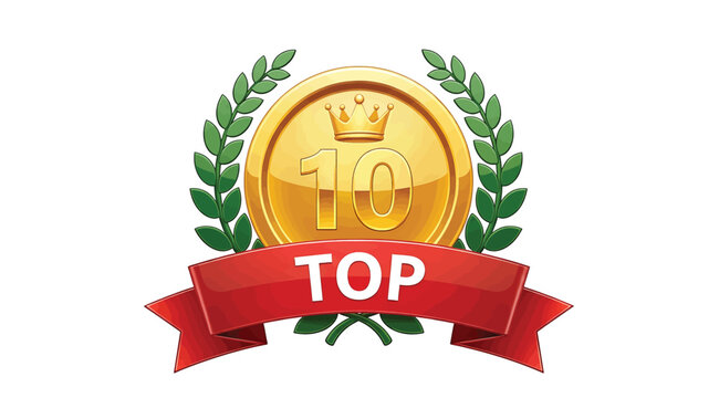 Top 10 golden medal with laurel wreath and red ribbon